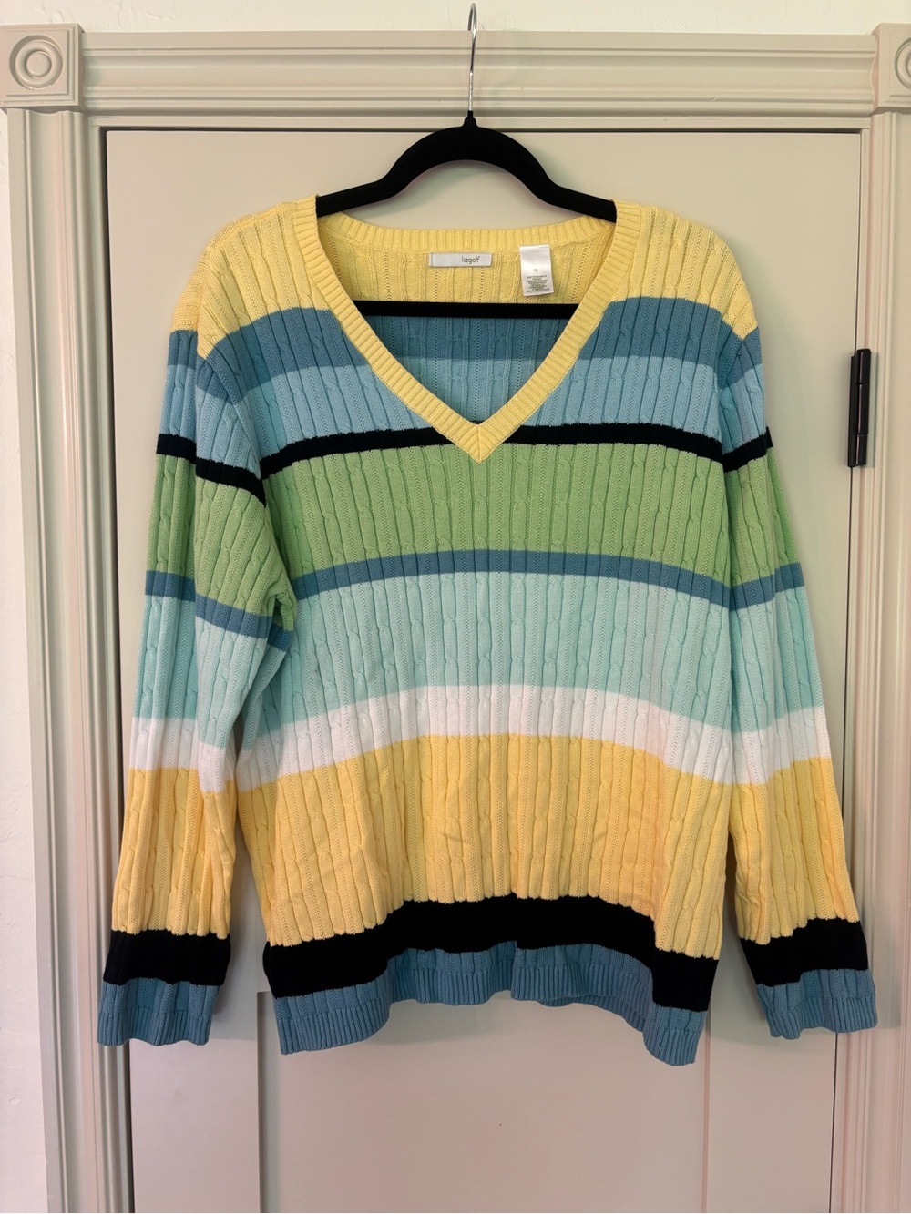 VTG Lizgolf Liz Claiborne Y2K Striped Cable Knit V-Neck Retro Preppy Sweater 1X